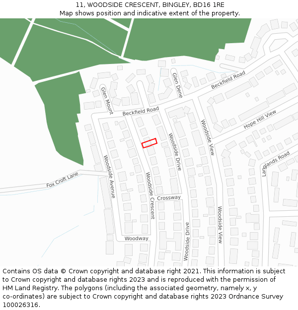 11, WOODSIDE CRESCENT, BINGLEY, BD16 1RE: Location map and indicative extent of plot
