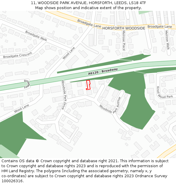 11, WOODSIDE PARK AVENUE, HORSFORTH, LEEDS, LS18 4TF: Location map and indicative extent of plot