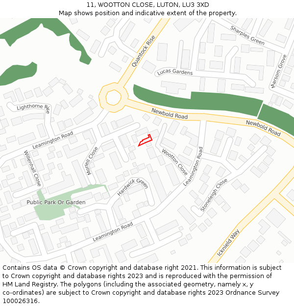 11, WOOTTON CLOSE, LUTON, LU3 3XD: Location map and indicative extent of plot