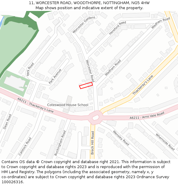11, WORCESTER ROAD, WOODTHORPE, NOTTINGHAM, NG5 4HW: Location map and indicative extent of plot