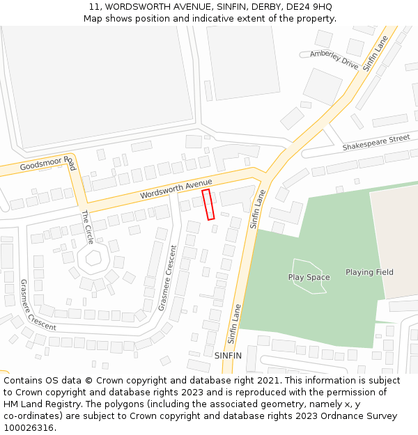 11, WORDSWORTH AVENUE, SINFIN, DERBY, DE24 9HQ: Location map and indicative extent of plot