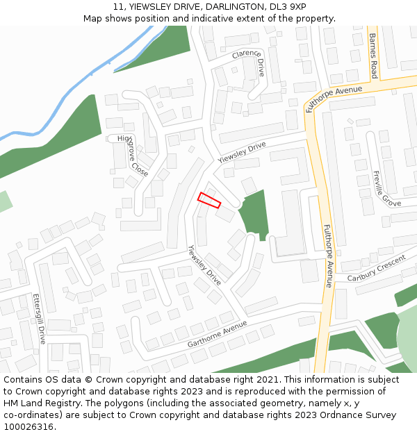 11, YIEWSLEY DRIVE, DARLINGTON, DL3 9XP: Location map and indicative extent of plot