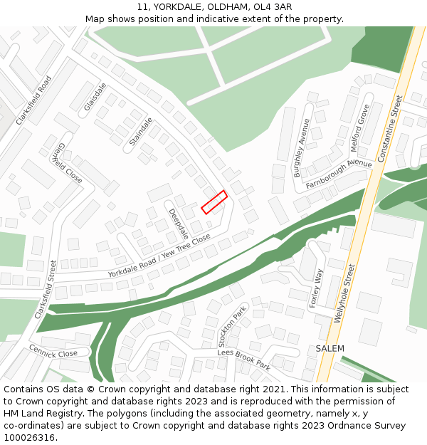 11, YORKDALE, OLDHAM, OL4 3AR: Location map and indicative extent of plot