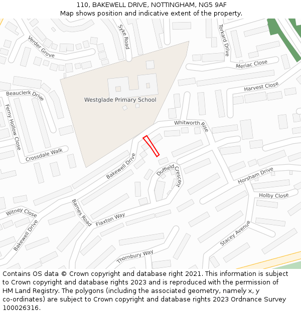 110, BAKEWELL DRIVE, NOTTINGHAM, NG5 9AF: Location map and indicative extent of plot
