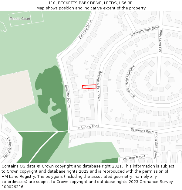 110, BECKETTS PARK DRIVE, LEEDS, LS6 3PL: Location map and indicative extent of plot