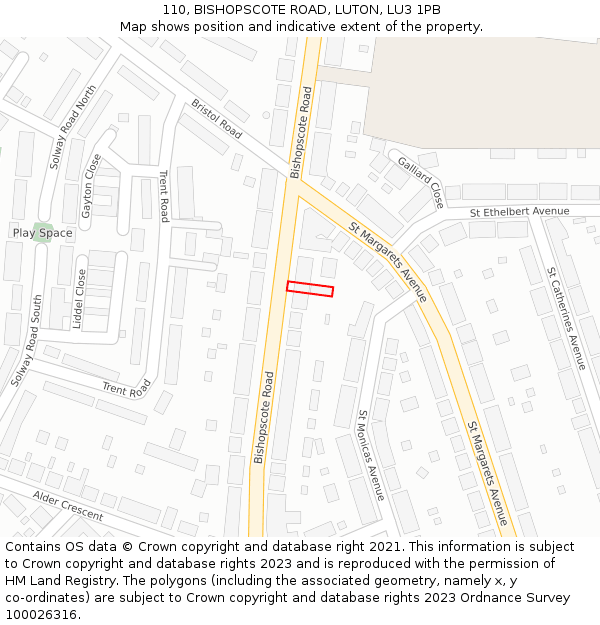 110, BISHOPSCOTE ROAD, LUTON, LU3 1PB: Location map and indicative extent of plot