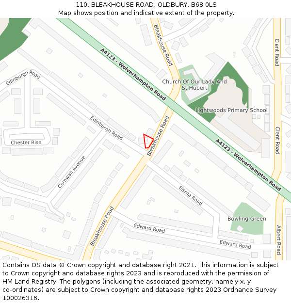 110, BLEAKHOUSE ROAD, OLDBURY, B68 0LS: Location map and indicative extent of plot