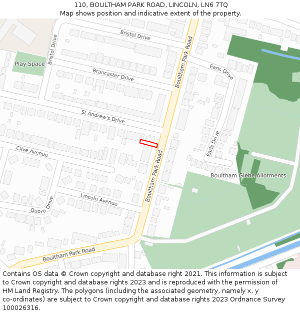110, BOULTHAM PARK ROAD, LINCOLN, LN6 7TQ: Location map and indicative extent of plot