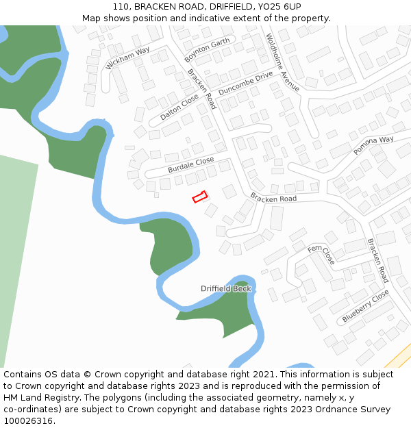 110, BRACKEN ROAD, DRIFFIELD, YO25 6UP: Location map and indicative extent of plot
