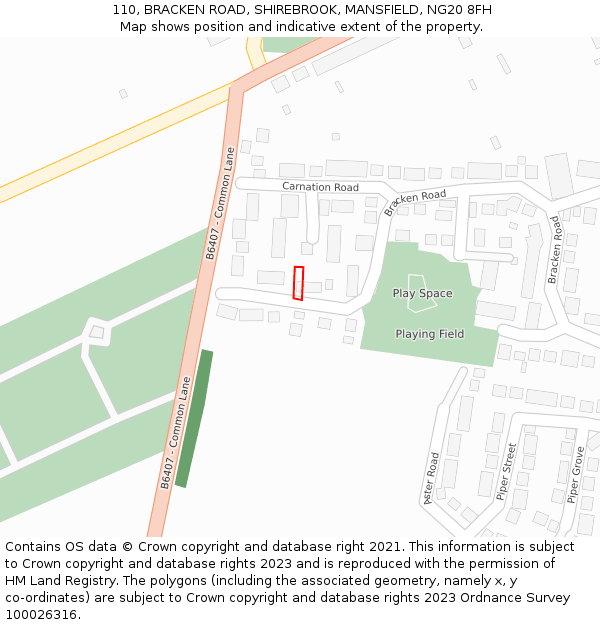 110, BRACKEN ROAD, SHIREBROOK, MANSFIELD, NG20 8FH: Location map and indicative extent of plot