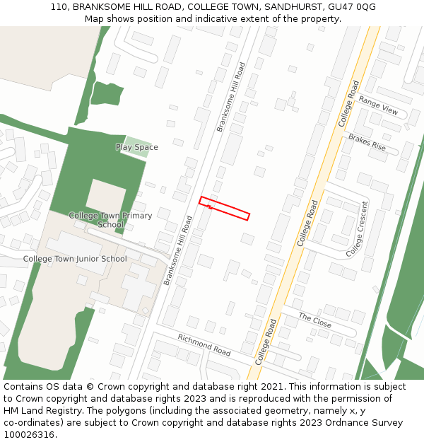 110, BRANKSOME HILL ROAD, COLLEGE TOWN, SANDHURST, GU47 0QG: Location map and indicative extent of plot