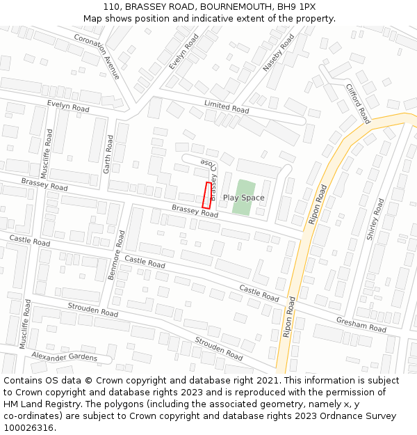 110, BRASSEY ROAD, BOURNEMOUTH, BH9 1PX: Location map and indicative extent of plot