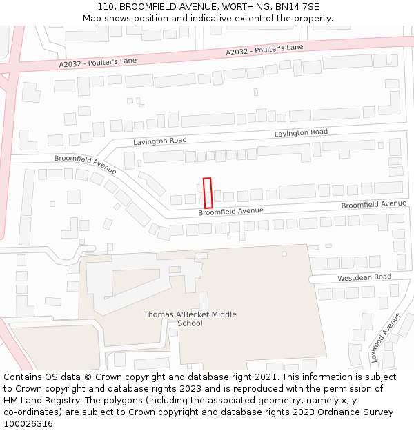 110, BROOMFIELD AVENUE, WORTHING, BN14 7SE: Location map and indicative extent of plot