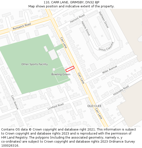 110, CARR LANE, GRIMSBY, DN32 8JP: Location map and indicative extent of plot