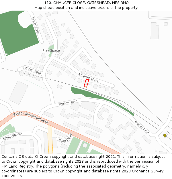 110, CHAUCER CLOSE, GATESHEAD, NE8 3NQ: Location map and indicative extent of plot