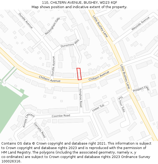 110, CHILTERN AVENUE, BUSHEY, WD23 4QF: Location map and indicative extent of plot