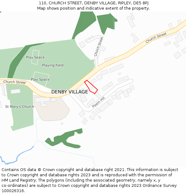 110, CHURCH STREET, DENBY VILLAGE, RIPLEY, DE5 8PJ: Location map and indicative extent of plot