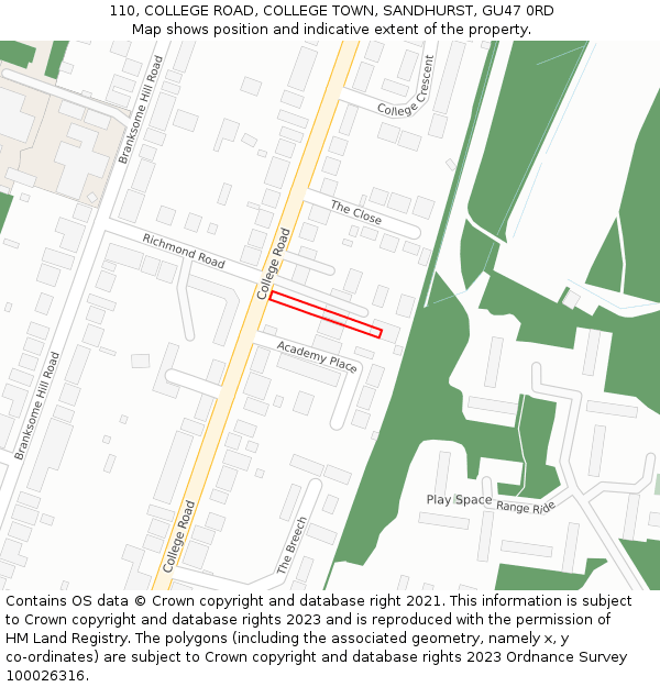 110, COLLEGE ROAD, COLLEGE TOWN, SANDHURST, GU47 0RD: Location map and indicative extent of plot