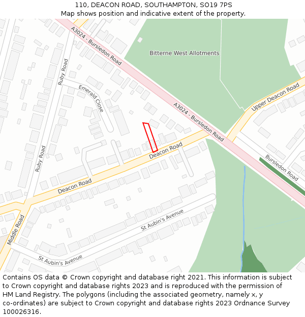 110, DEACON ROAD, SOUTHAMPTON, SO19 7PS: Location map and indicative extent of plot