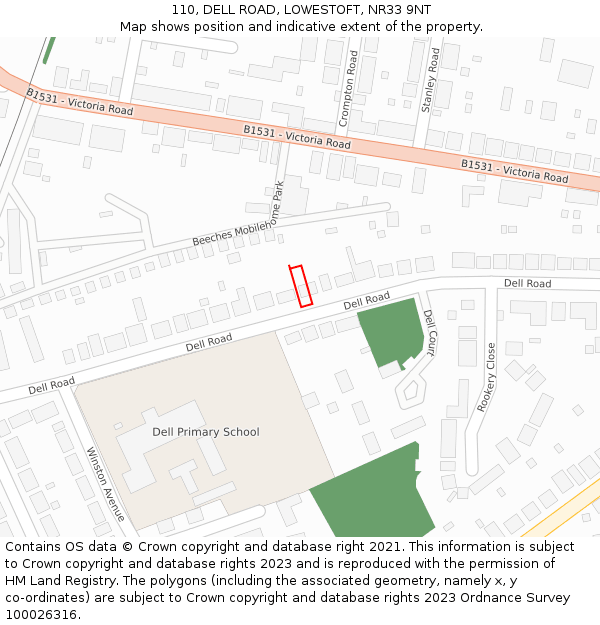 110, DELL ROAD, LOWESTOFT, NR33 9NT: Location map and indicative extent of plot