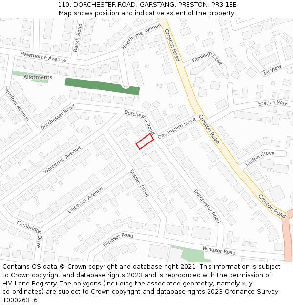 110, DORCHESTER ROAD, GARSTANG, PRESTON, PR3 1EE: Location map and indicative extent of plot
