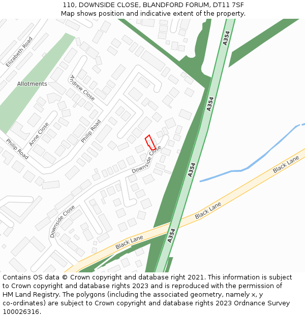 110, DOWNSIDE CLOSE, BLANDFORD FORUM, DT11 7SF: Location map and indicative extent of plot