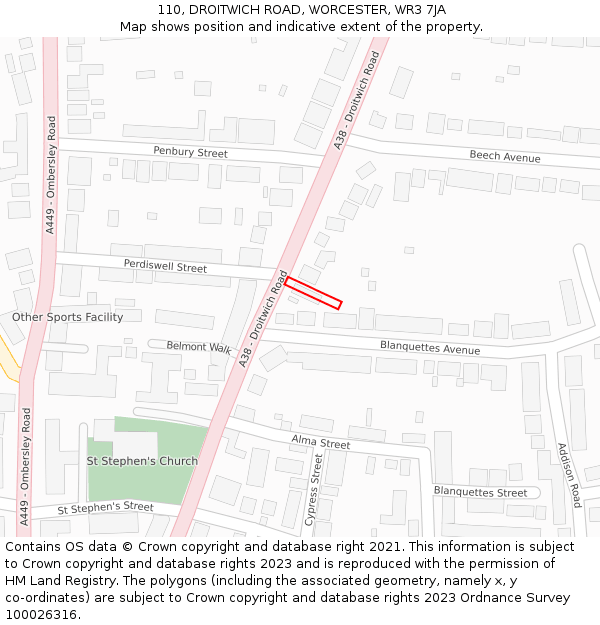 110, DROITWICH ROAD, WORCESTER, WR3 7JA: Location map and indicative extent of plot