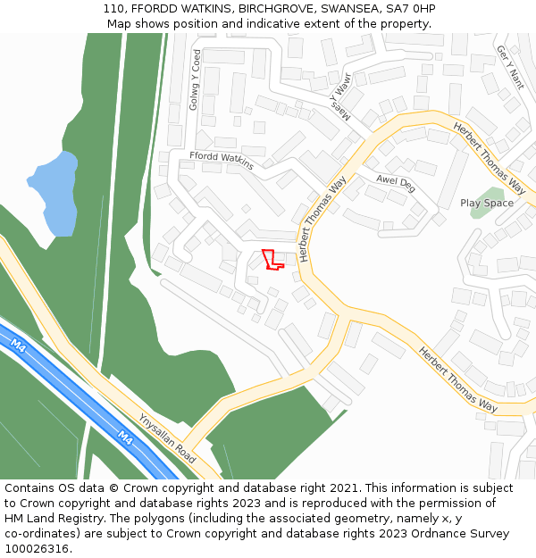 110, FFORDD WATKINS, BIRCHGROVE, SWANSEA, SA7 0HP: Location map and indicative extent of plot