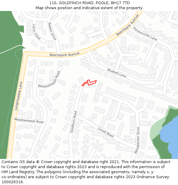 110, GOLDFINCH ROAD, POOLE, BH17 7TD: Location map and indicative extent of plot