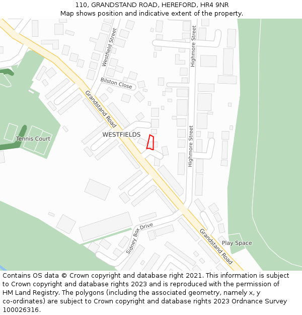 110, GRANDSTAND ROAD, HEREFORD, HR4 9NR: Location map and indicative extent of plot