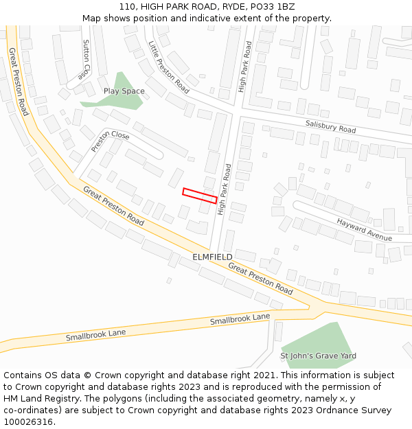 110, HIGH PARK ROAD, RYDE, PO33 1BZ: Location map and indicative extent of plot