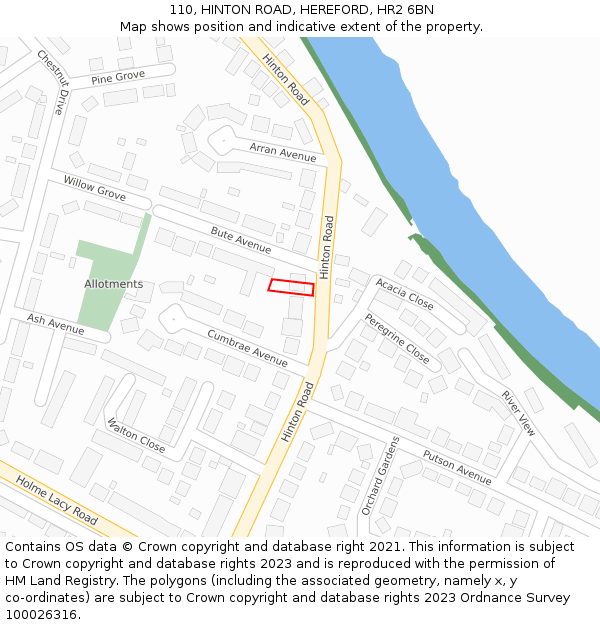 110, HINTON ROAD, HEREFORD, HR2 6BN: Location map and indicative extent of plot