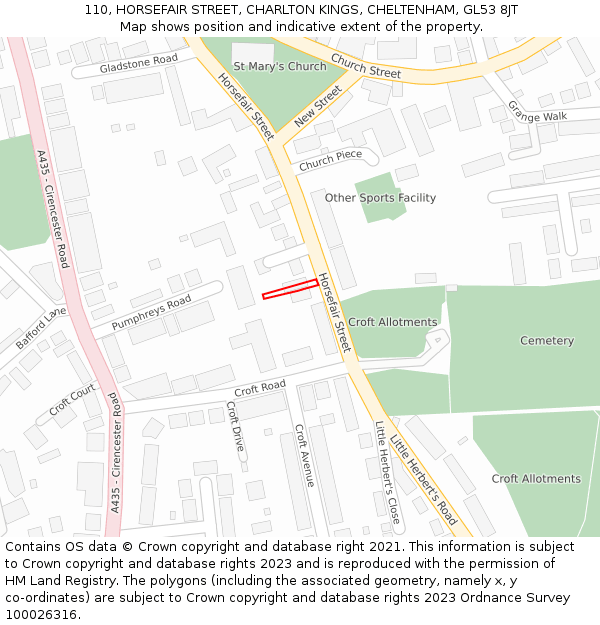 110, HORSEFAIR STREET, CHARLTON KINGS, CHELTENHAM, GL53 8JT: Location map and indicative extent of plot