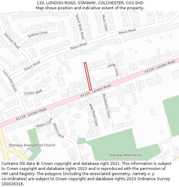 110, LONDON ROAD, STANWAY, COLCHESTER, CO3 0HD: Location map and indicative extent of plot