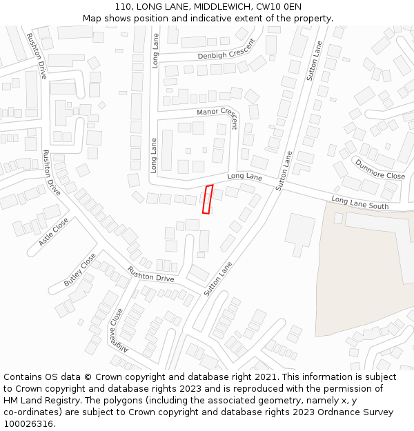 110, LONG LANE, MIDDLEWICH, CW10 0EN: Location map and indicative extent of plot