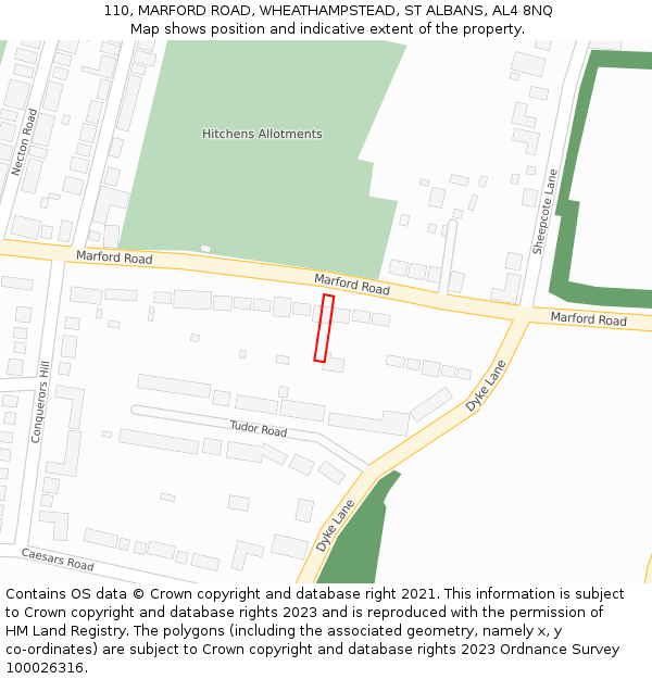 110, MARFORD ROAD, WHEATHAMPSTEAD, ST ALBANS, AL4 8NQ: Location map and indicative extent of plot