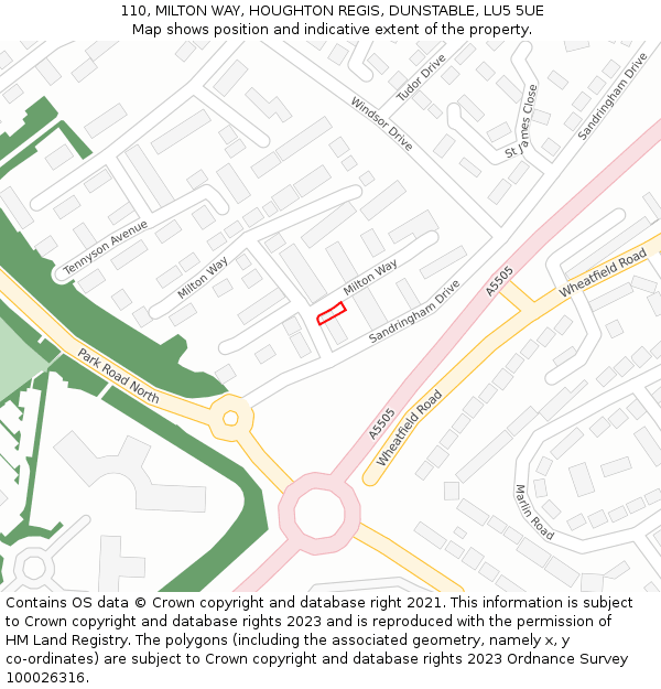 110, MILTON WAY, HOUGHTON REGIS, DUNSTABLE, LU5 5UE: Location map and indicative extent of plot