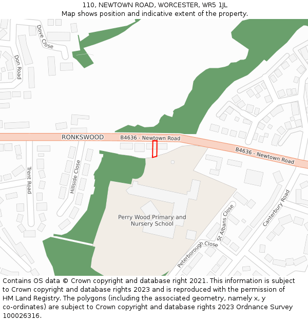 110, NEWTOWN ROAD, WORCESTER, WR5 1JL: Location map and indicative extent of plot
