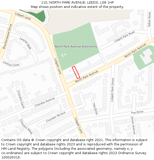 110, NORTH PARK AVENUE, LEEDS, LS8 1HP: Location map and indicative extent of plot