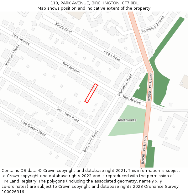 110, PARK AVENUE, BIRCHINGTON, CT7 0DL: Location map and indicative extent of plot