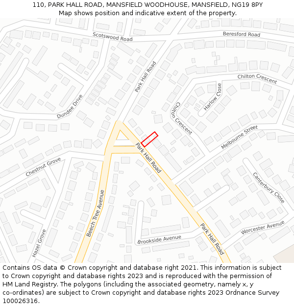 110, PARK HALL ROAD, MANSFIELD WOODHOUSE, MANSFIELD, NG19 8PY: Location map and indicative extent of plot