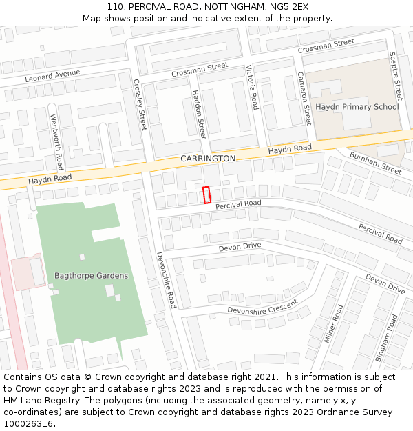 110, PERCIVAL ROAD, NOTTINGHAM, NG5 2EX: Location map and indicative extent of plot