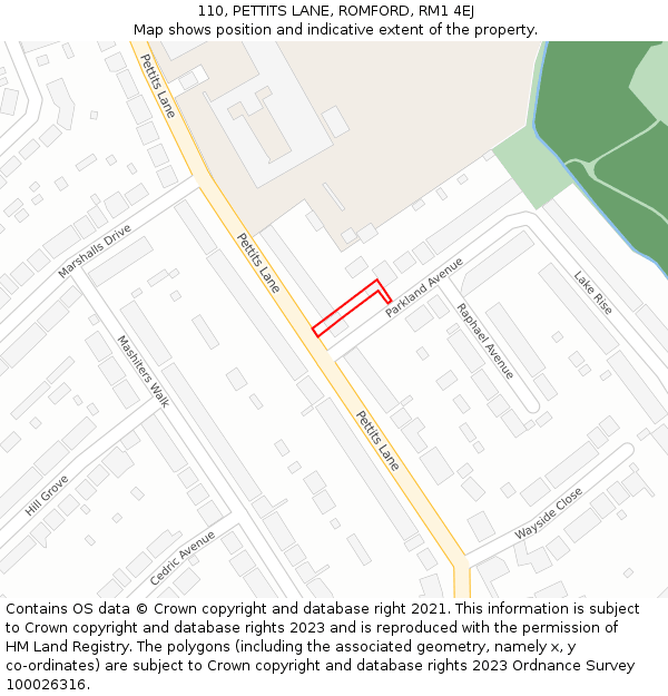 110, PETTITS LANE, ROMFORD, RM1 4EJ: Location map and indicative extent of plot