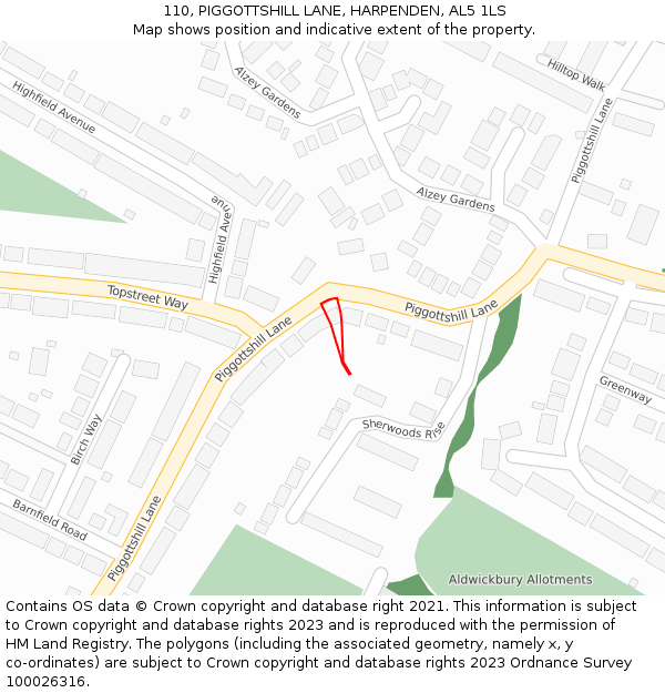 110, PIGGOTTSHILL LANE, HARPENDEN, AL5 1LS: Location map and indicative extent of plot