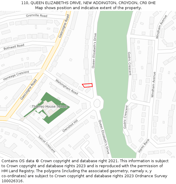 110, QUEEN ELIZABETHS DRIVE, NEW ADDINGTON, CROYDON, CR0 0HE: Location map and indicative extent of plot