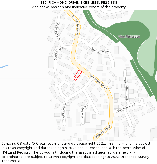 110, RICHMOND DRIVE, SKEGNESS, PE25 3SG: Location map and indicative extent of plot
