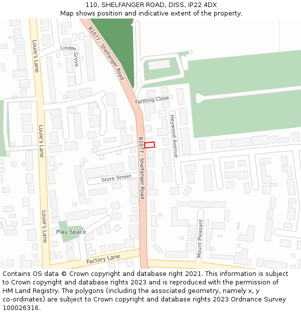 110, SHELFANGER ROAD, DISS, IP22 4DX: Location map and indicative extent of plot