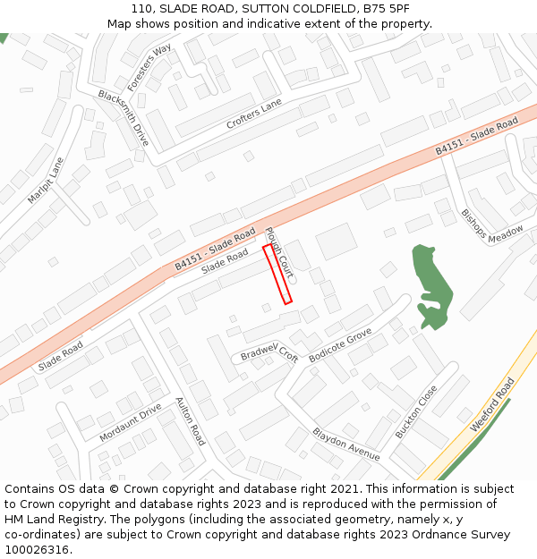 110, SLADE ROAD, SUTTON COLDFIELD, B75 5PF: Location map and indicative extent of plot