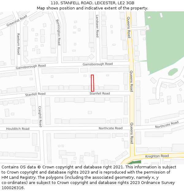 110, STANFELL ROAD, LEICESTER, LE2 3GB: Location map and indicative extent of plot