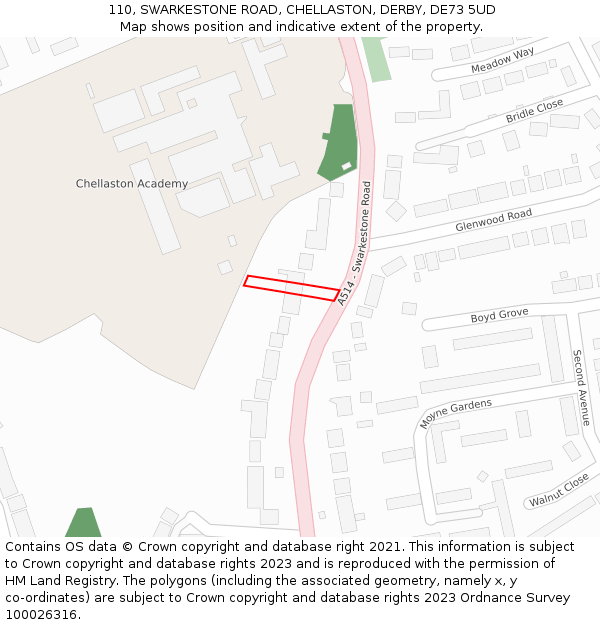 110, SWARKESTONE ROAD, CHELLASTON, DERBY, DE73 5UD: Location map and indicative extent of plot